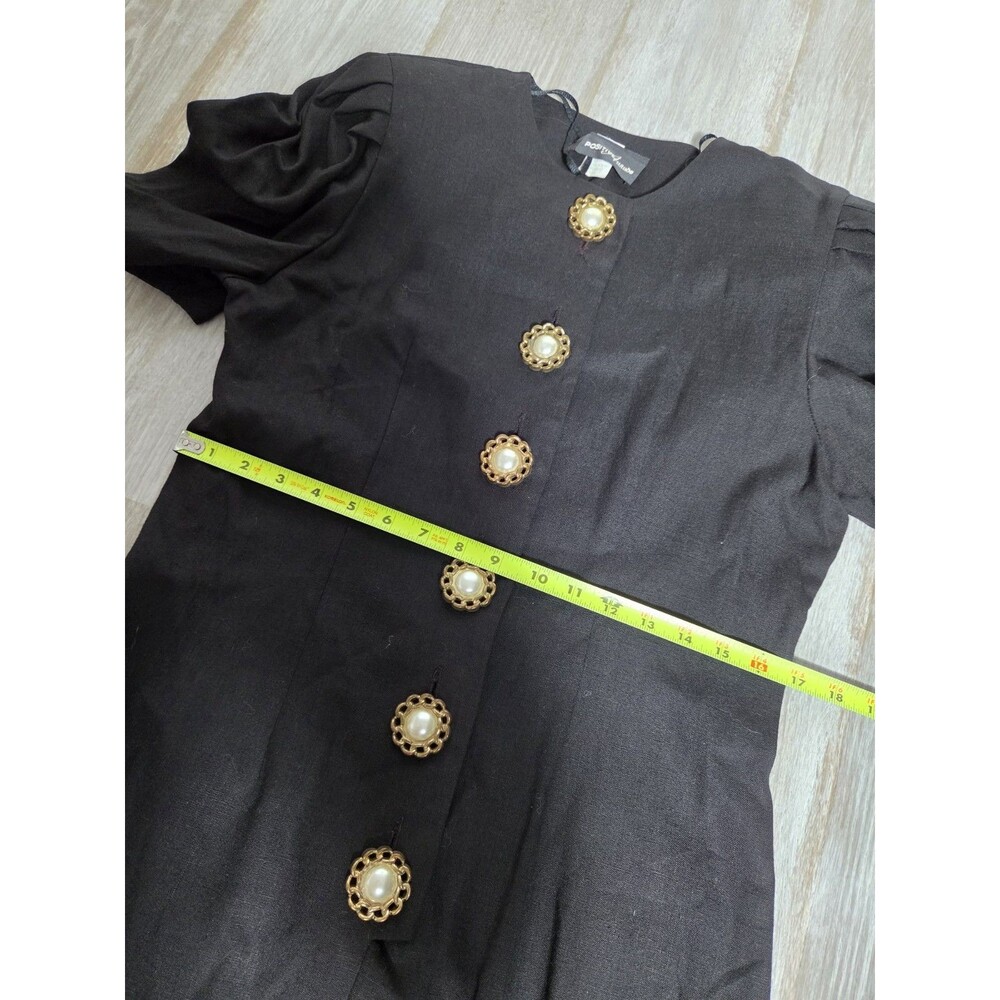 VTG Positive Attitude Black Linen Blend Sheath Dress Button Puff Sleeve 9/10 EUC - Picture 6 of 10